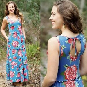 Matilda Jane No End Maxi Dress Teal Floral Sundress Tiered Long Women's Sz Large